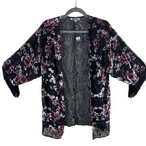 MB Design NWT Floral Velvet Sheer 3/4 Fringe Sleeve Lightweight Open Blouse Sz S
